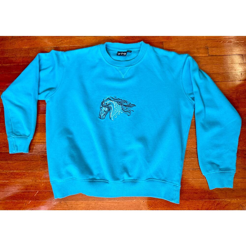 Vintage Y2K Cerulean Blue Embroidered Horse Crew neck Sweatshirt Large XL